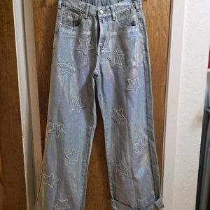 Oh Holographic Star Wide Leg Jeans